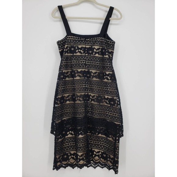 3/$25 R&M Richards Lace Cocktail Dress 6 Sheath Tiered Layered Square Neck Black - Picture 2 of 10